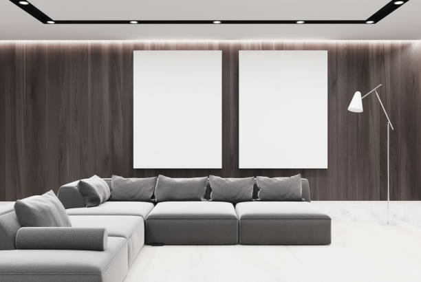 istock Wooden living room gray sofas, posters, front 865381884