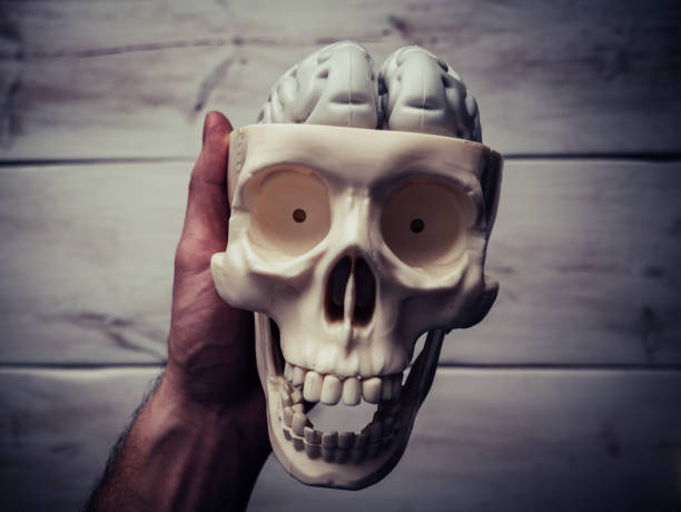 mano maschile che tiene in aria un teschio umano. tavolo in legno sullo sfondo. - skull holding spooky horror foto e immagini stock