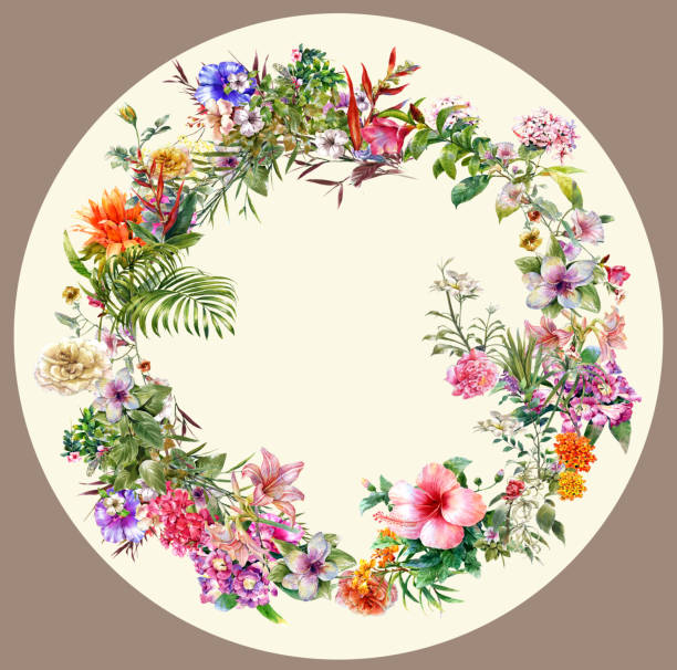 istock Bouquet of multicolored flowers watercolor painting on Circle 865382154