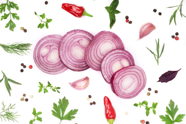 istock onions, garlic, hot pepper and spices isolated on white background. Top view 865385822