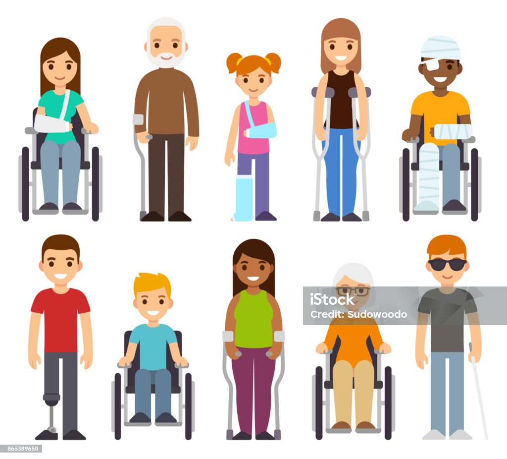 Sick and disabled characters set. Sick and disabled characters set. Trauma and injury, people in wheelchairs, children and seniors. Healthcare vector illustration. Characters stock vector