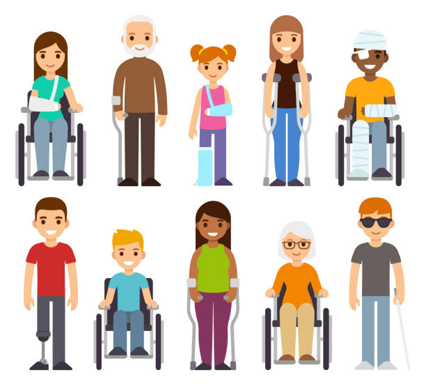 Sick and disabled characters set. Sick and disabled characters set. Trauma and injury, people in wheelchairs, children and seniors. Healthcare vector illustration. arm sling stock illustrations