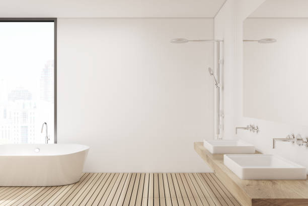 istock Wooden floor bathroom and shower, side 865392652