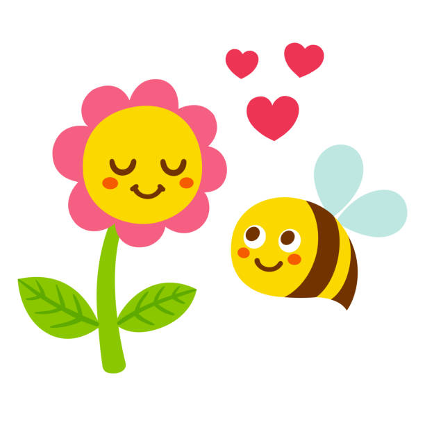cartoon bee and flower Cute cartoon bee and flower in love, with smiling faces and hearts. Adorable Valentines day greeting card vector illustration. bee clipart stock illustrations