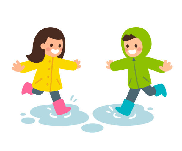 빗 속에서 재생 하는 아이 - puddle rain child splashing stock illustrations