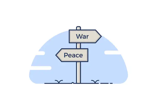 Vector illustration of Signpost with 2 choices between peace and war. Isolated Vector illustration