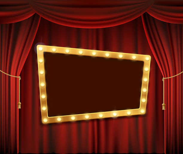 Gold frame on red curtain Gold frame with light bulbs on the red theatrical curtain. Stock vector illustration. premiere event stock illustrations