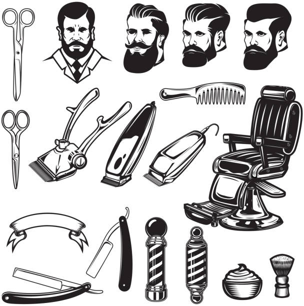 illustrazioni stock, clip art, cartoni animati e icone di tendenza di set di elementi di design del barbiere. forbici, lame da barba, sedia da barbiere, clipper. - rasoio elettrico