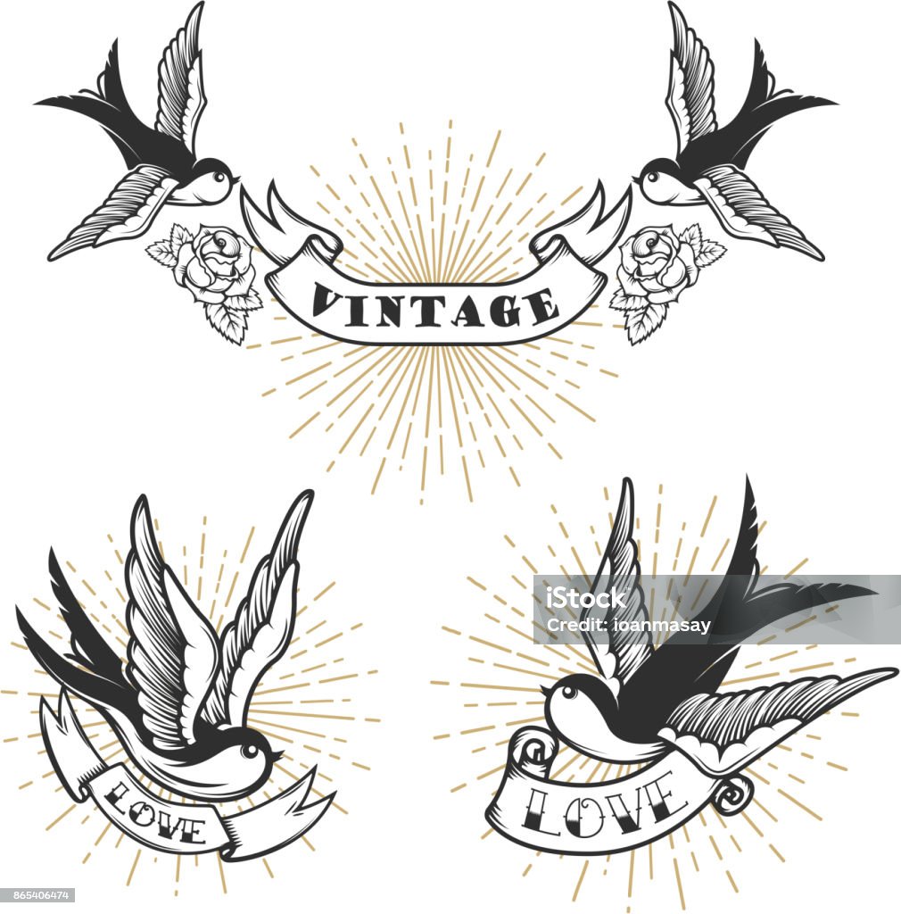 Set Of Retro Style Tattoo With Swallow Bird Design Elements For Label  Emblem Sign Badge Vector Illustration Stock Illustration - Download Image  Now - iStock