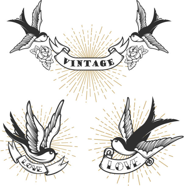 Set of retro style tattoo with swallow bird. Design elements for label, emblem, sign, badge. Vector illustration Set of retro style tattoo with swallow bird. Design elements for label, emblem, sign, badge. Vector illustration banners tattoos stock illustrations