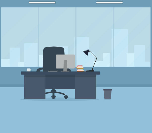 Office Room empty modern office interior laptop in a trash bin stock illustrations
