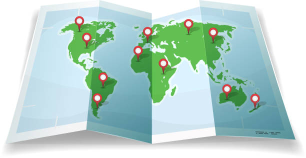ilustraciones, imágenes clip art, dibujos animados e iconos de stock de viajes mapamundi con pasadores de gps - surveillance world map globe planet