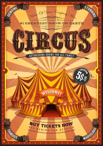 illustrazioni stock, clip art, cartoni animati e icone di tendenza di poster del circo giallo vintage con grande top - grunge frame scroll shape old fashioned