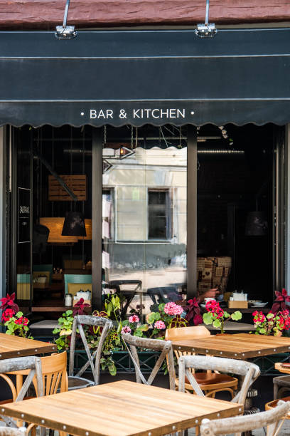 istock Empty tables and chairs on street cafe 865414948