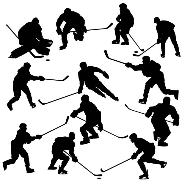 illustrations, cliparts, dessins animés et icônes de jeu de silhouettes de joueurs de hockey sur glace - ice hockey hockey puck playing shooting at goal