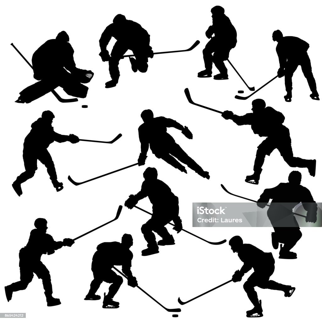 Ice hockey players silhouettes set Ice hockey players silhouettes set. Big collection of hockey players Hockey stock vector