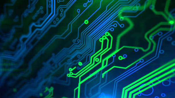 istock Blue, green neon background with digital integrated network technology. 865424540