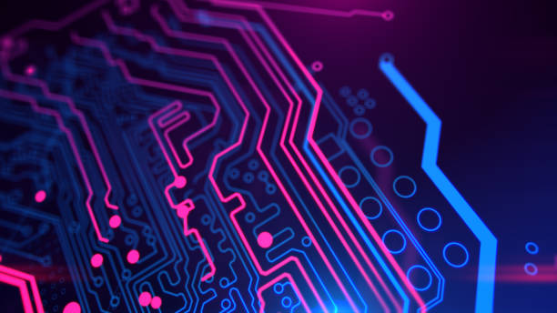 istock Purple, violet, blue neon background with digital integrated network technology. 865424546