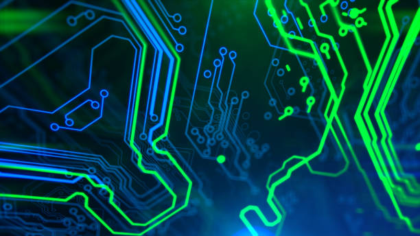 istock Blue, green neon background with digital integrated network technology. 865424552