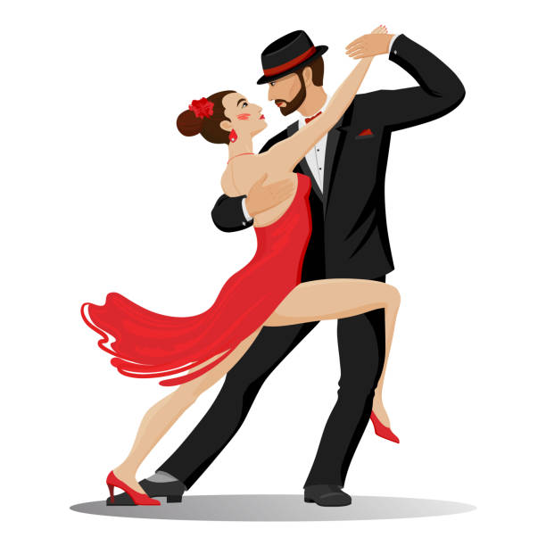 ilustrações de stock, clip art, desenhos animados e ícones de graphic color set, where a passionate couple in love, cartoon man and woman, dance tango. luxury vector illustration, isolated on white background. - tangoing