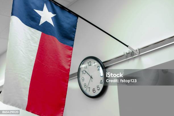 Texas High School Classroom Flag Clock Stock Photo - Download Image Now - Texas, School Building, Education