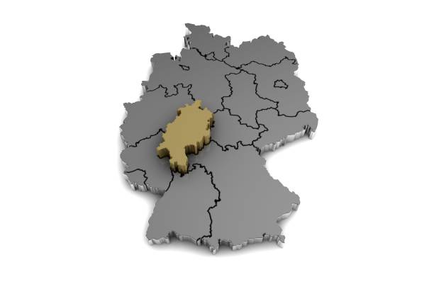 istock Metal germany map, with Hessen region, highlighted in gold.3d render 865432286