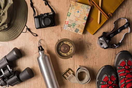 Overhead view of travel equipment for a backpacking trip.