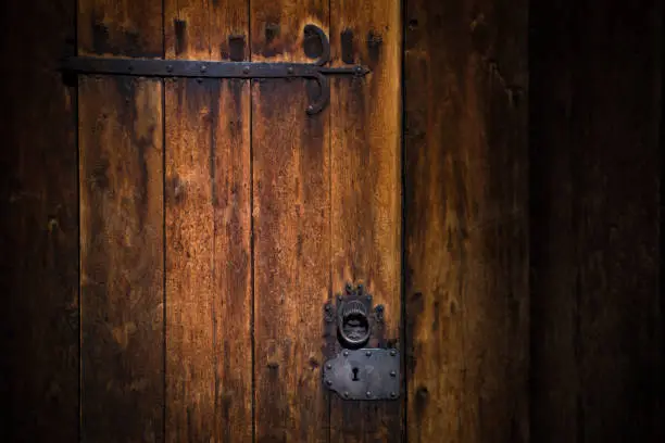 Old door of Church. Norway traditional village. Scandinavia, Europe.