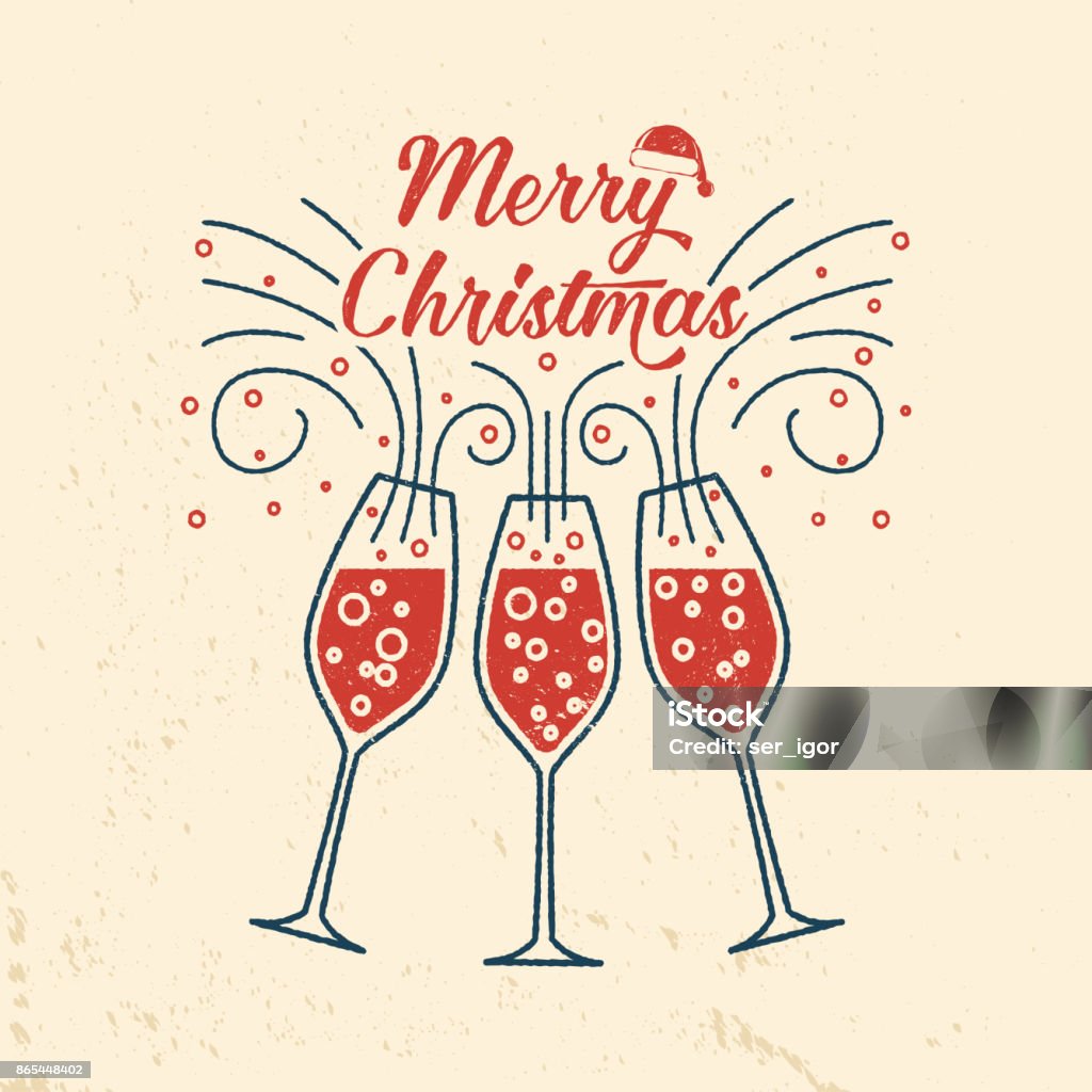 シャンパン グラスを持つメリー クリスマス レトロなテンプレート - クリスマスのロイヤリティフリーベクトルアート