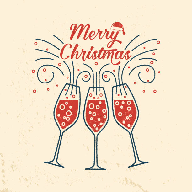 ilustrações de stock, clip art, desenhos animados e ícones de merry christmas retro template with champagne glasses - wine glass champagne cocktail