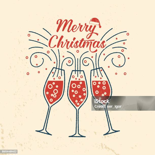 Merry Christmas Retro Template With Champagne Glasses Stock Illustration - Download Image Now