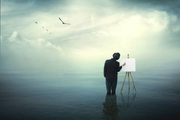surrealistic painter artist in the water painting on a canvas