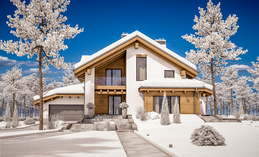 3d rendering of modern cozy house in chalet style with garage. Mountain ski resort with snow. Clear sunny winter day with cloudless sky. With many snow on the roof and lawn.