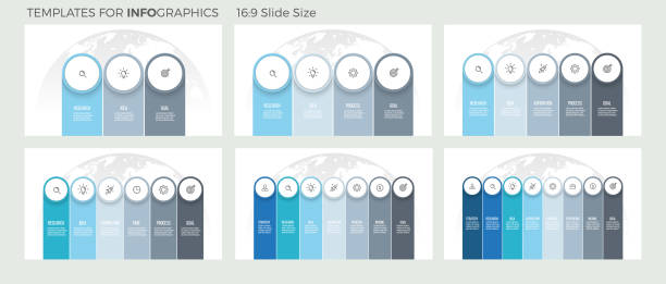 비즈니스 인포 그래픽입니다. 프레 젠 테이 션과 3, 4, 5, 6, 7, 8 단계, 열, 옵션. 벡터 템플릿입니다. - six objects stock illustrations