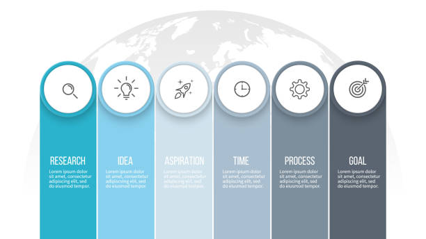 ilustraciones, imágenes clip art, dibujos animados e iconos de stock de infografías negocios. opciones de presentación con 6 columnas. plantilla de vector. - número 6