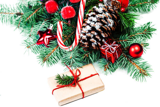 istock Christmas tree branch with holiday decorations. Christmas composition  with copy space