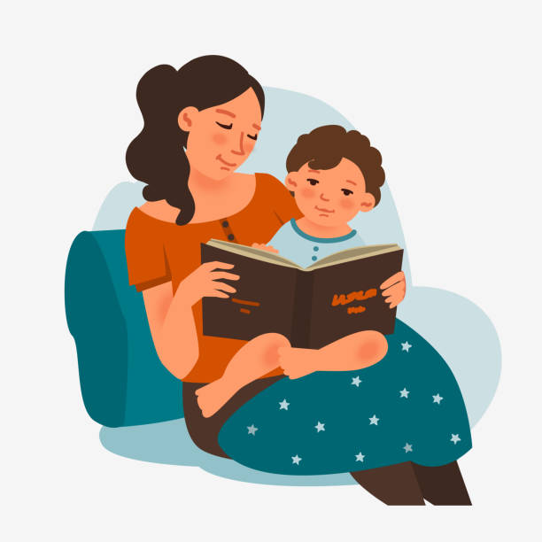 かわいい赤ちゃんの読書を持つ母。家族、発達、活動、学習 - small child image white background点のイラスト素材／クリップアート素材／マンガ素材／アイコン素材