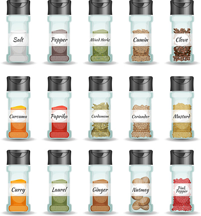 Illustration of a set of condiment shaker for grocery, including salt, black pepper, curry, ginger,curcuma, mustard, coriander, clove, and other exotic seasoning