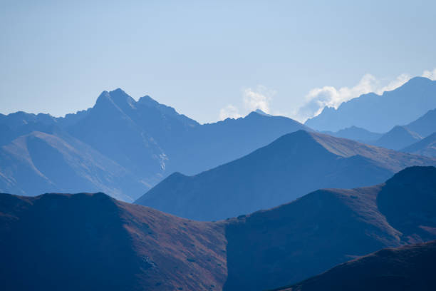 Tatra mountain peak view in Slovakia in sunny day. blue perspective on multi layer hills