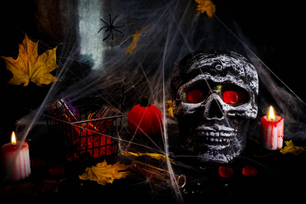 istock Happy Halloween Party Table with spider web and skull 865471596