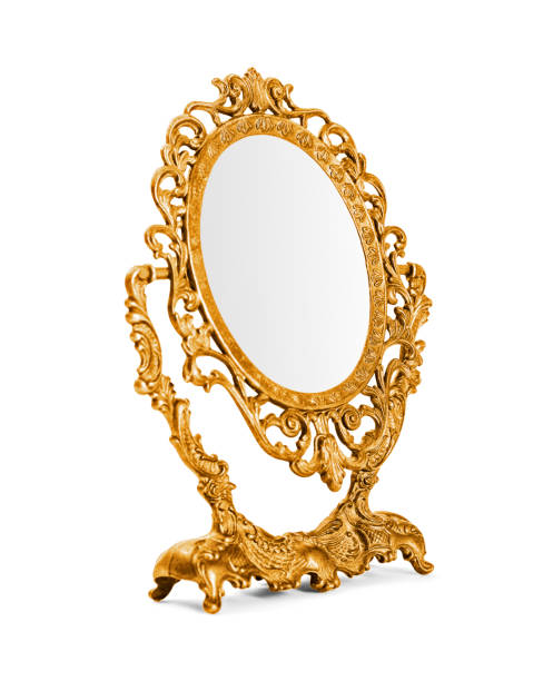 Golden antique mirror Golden vintage mirror isolated on white background, included clipping path mirror object stock pictures, royalty-free photos & images