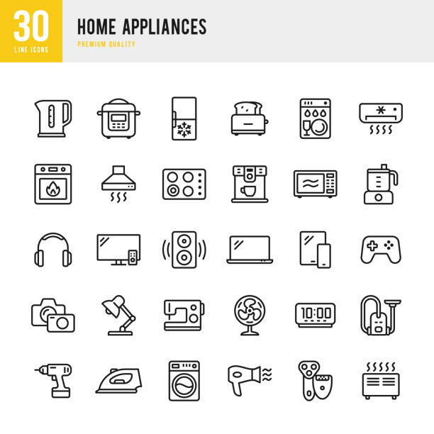 Home Appliances - set of thin line vector icons Set of 30 Home Appliances thin line vector icons coffee maker in kitchen stock illustrations