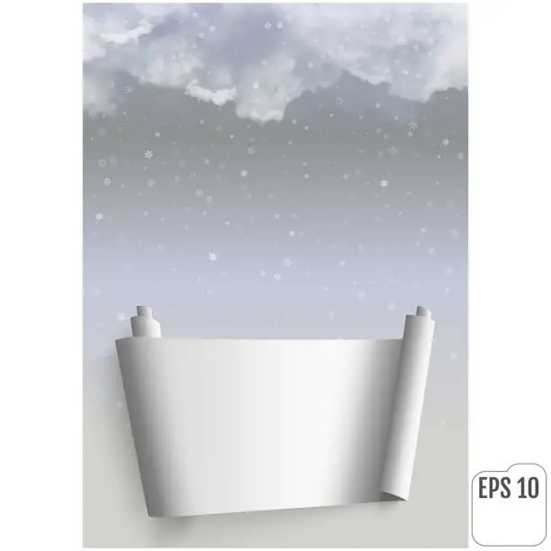 Vector illustration of Thunderclouds against the background of snowfall. Vector Realistic clouds.  Postcard with a place for recording