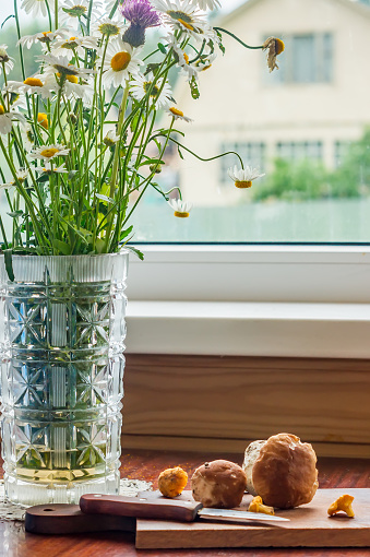 rustic scene - old-fashionned glass vase with bouquet of chamomiles and wooden desk with mashrooms and knife on window background