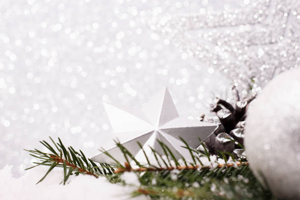 istock Christmas composition of Christmas tree toys on a silver background 865489832