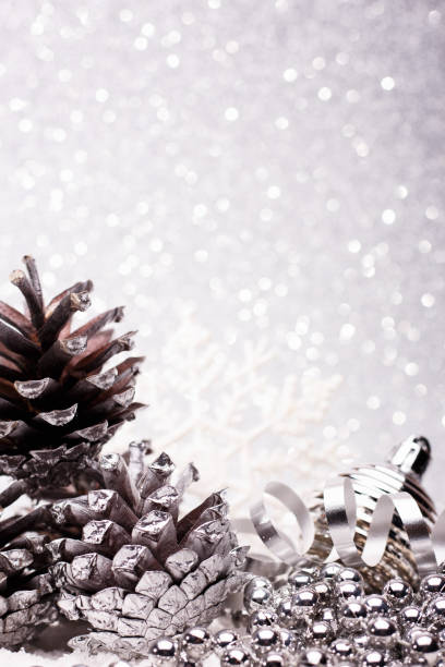 istock Christmas composition of Christmas tree toys on a silver background 865492398