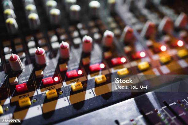 Close Up Footage Of Audio Mixer Sound Control Panel At Concert Stock Photo - Download Image Now