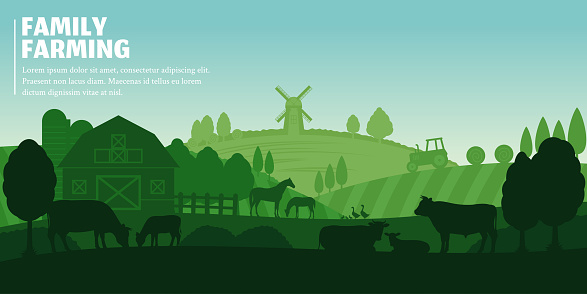 Vector farming illustration. Rural landscape, farm animals and design elements