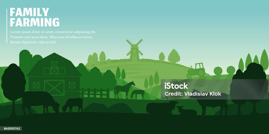 Vector farming landscape Vector farming illustration. Rural landscape, farm animals and design elements Farm stock vector