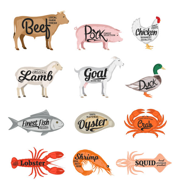 Vector Farm Animals And Seafood Collection Butcher Shop And Seafood Shop  Icons Stock Illustration - Download Image Now - iStock